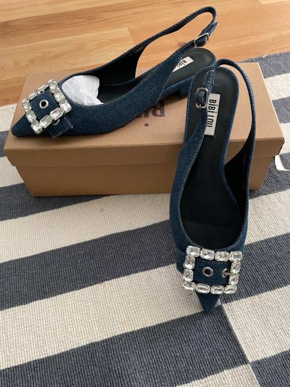 NIB Bibi Lou Gem Buckle Slingback Flats - 37, denim - from Anthro - Rhinestone